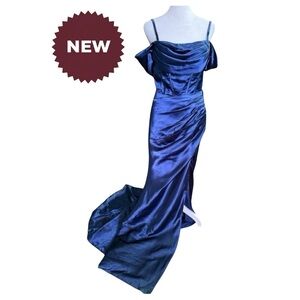 Lavetir Navy Blue Satin Evening Gown NWT Off Shoulder Formal Dress Ball